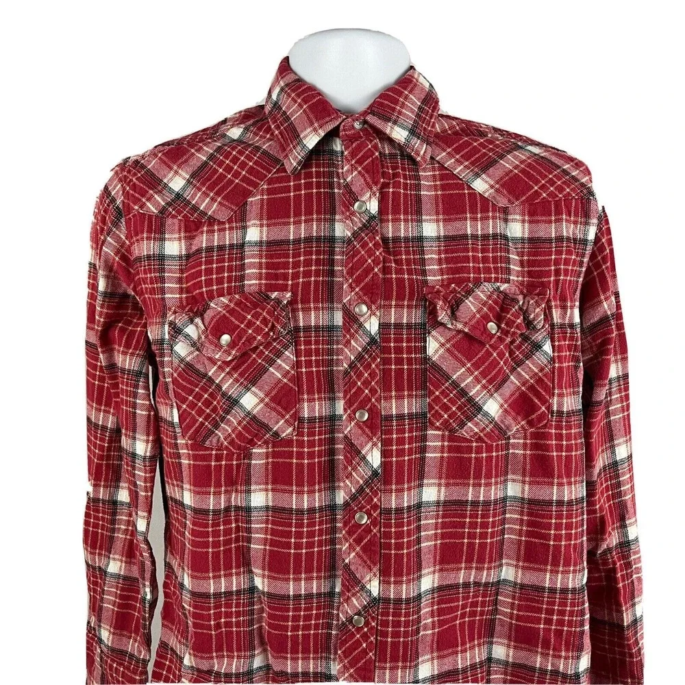 WRANGLER WRANCHER WESTERN FLANNEL SHIRT Pearl Snaps Plaid Cowboy Rodeo Medium